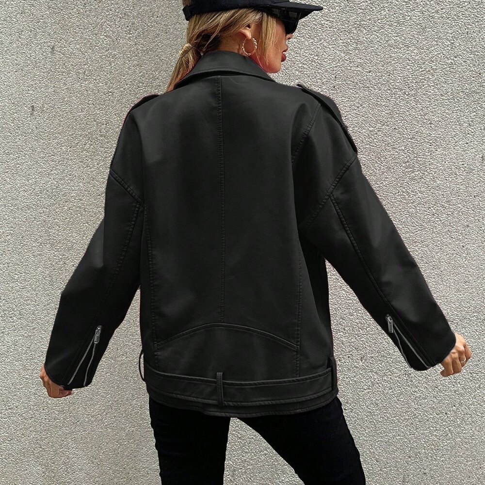 Black Casual Women's Zip Up Flap Detail Belted Moto Jacket - Picture 2 of 5